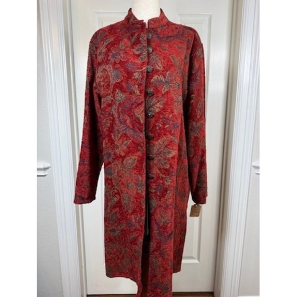 Chicos Design Red Floral Tapestry Duster Coat Mandarin Collar Jacket Size 2